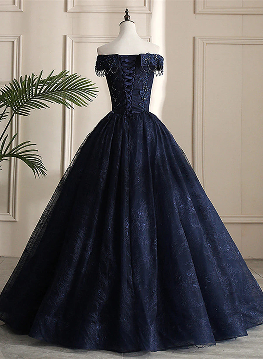 Glam Navy Blue Lace Ball Gown Sweet 16 Dress, Blue Long Wedding Party Dress TP1266