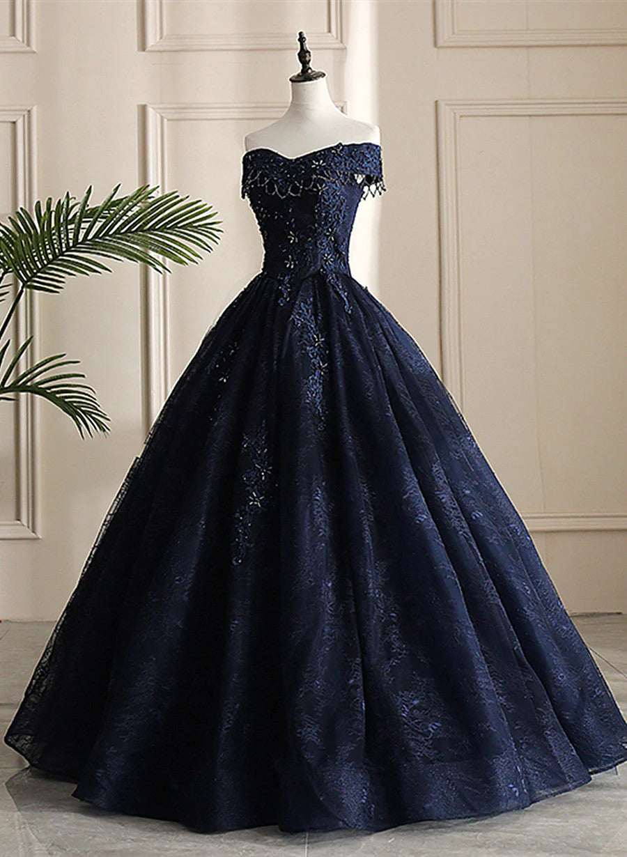 Glam Navy Blue Lace Ball Gown Sweet 16 Dress, Blue Long Wedding Party Dress TP1266