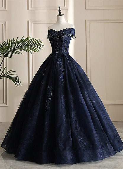 Glam Navy Blue Lace Ball Gown Sweet 16 Dress, Blue Long Wedding Party Dress TP1266