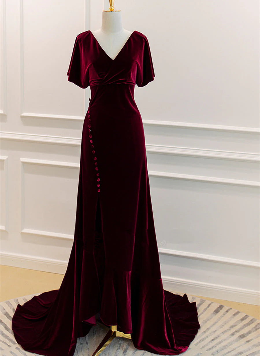 Burgundy Velvet Long Wedding Party Dress With Leg Slit, Wine Red Prom Dress TP1267