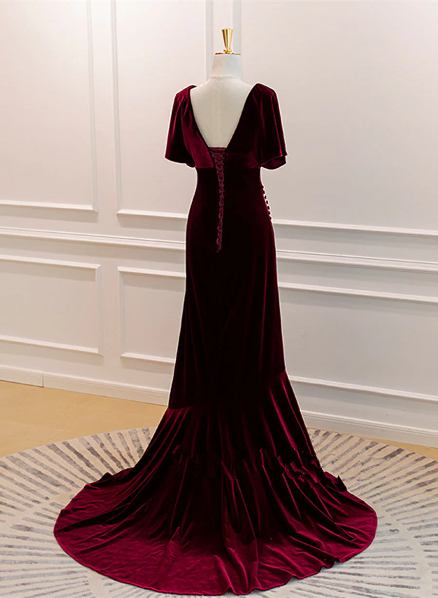 Burgundy Velvet Long Wedding Party Dress With Leg Slit, Wine Red Prom Dress TP1267