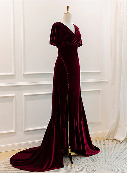 Burgundy Velvet Long Wedding Party Dress With Leg Slit, Wine Red Prom Dress TP1267