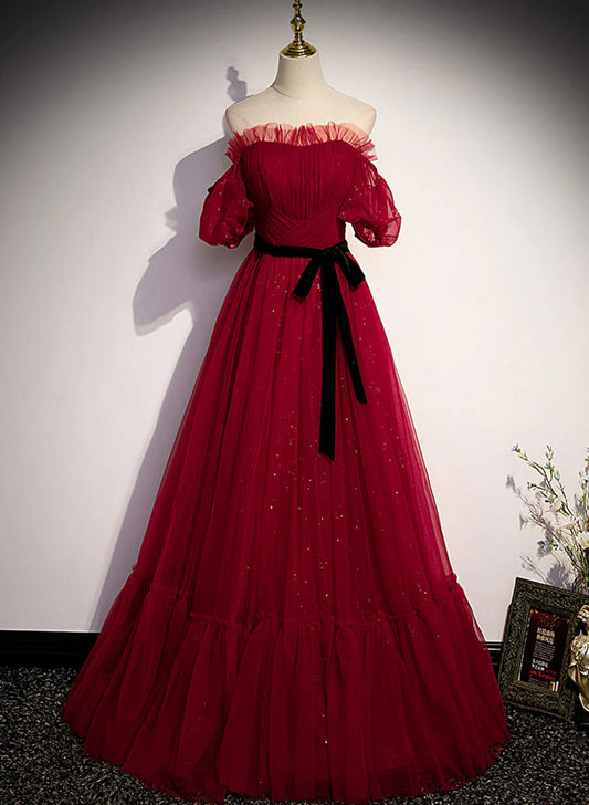 Wine Red Tulle Short Sleeves Tulle Long Party Dress, Wine Red Evening Dress TP1270