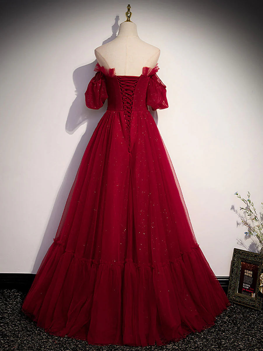 Wine Red Tulle Short Sleeves Tulle Long Party Dress, Wine Red Evening Dress TP1270