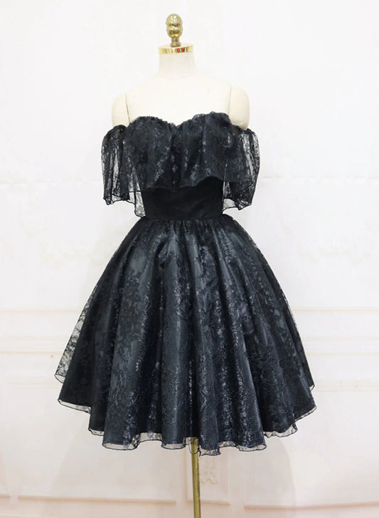 Black Lace Off Shoulder Homecoming Dress, Black Short Prom Dress TP1272