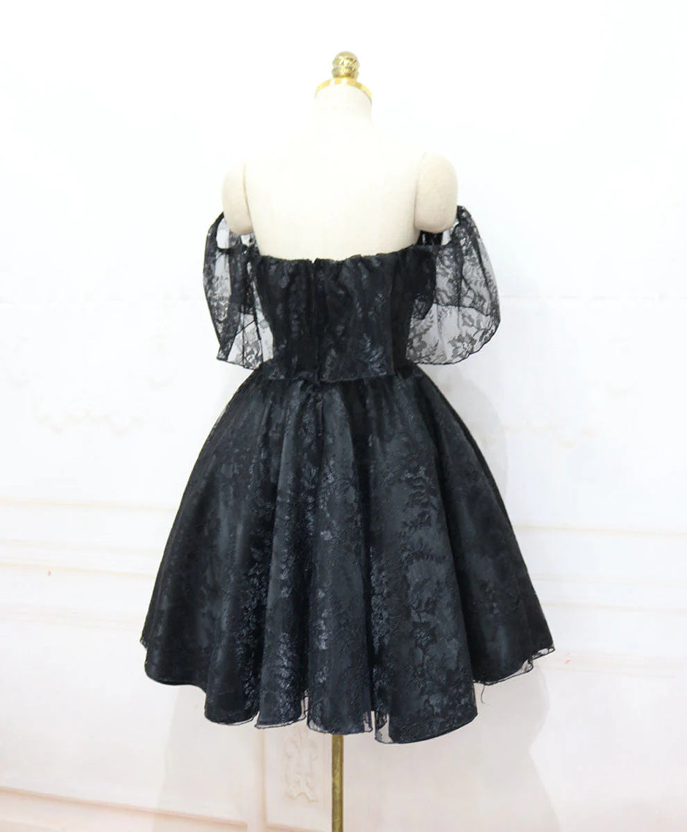 Black Lace Off Shoulder Homecoming Dress, Black Short Prom Dress TP1272