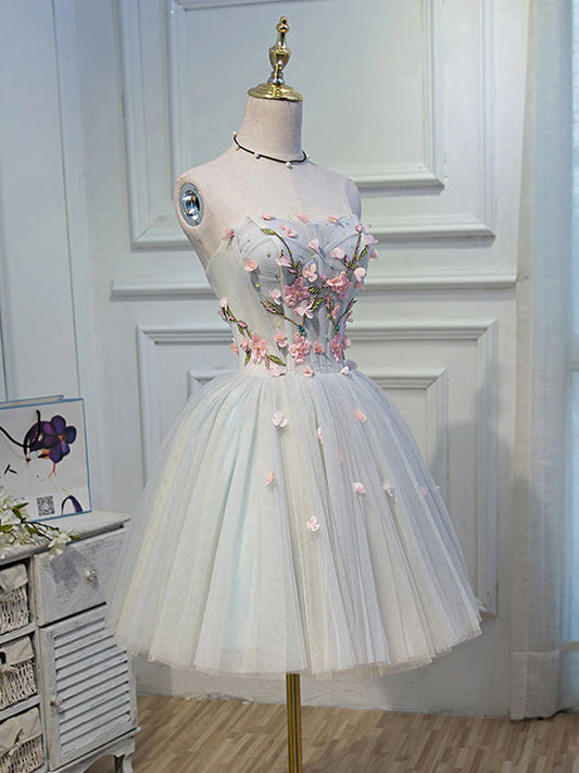 Cute Tulle Knee Length with Flowers Homecoming Dress, Blue Prom Dress TP1274