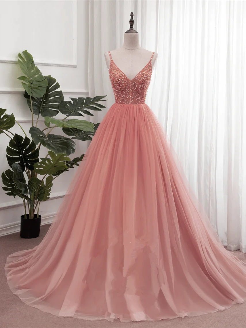 Pink V-neckline Sequins Straps Long Party Dress, Pink Floor Length Formal Dress TP1278