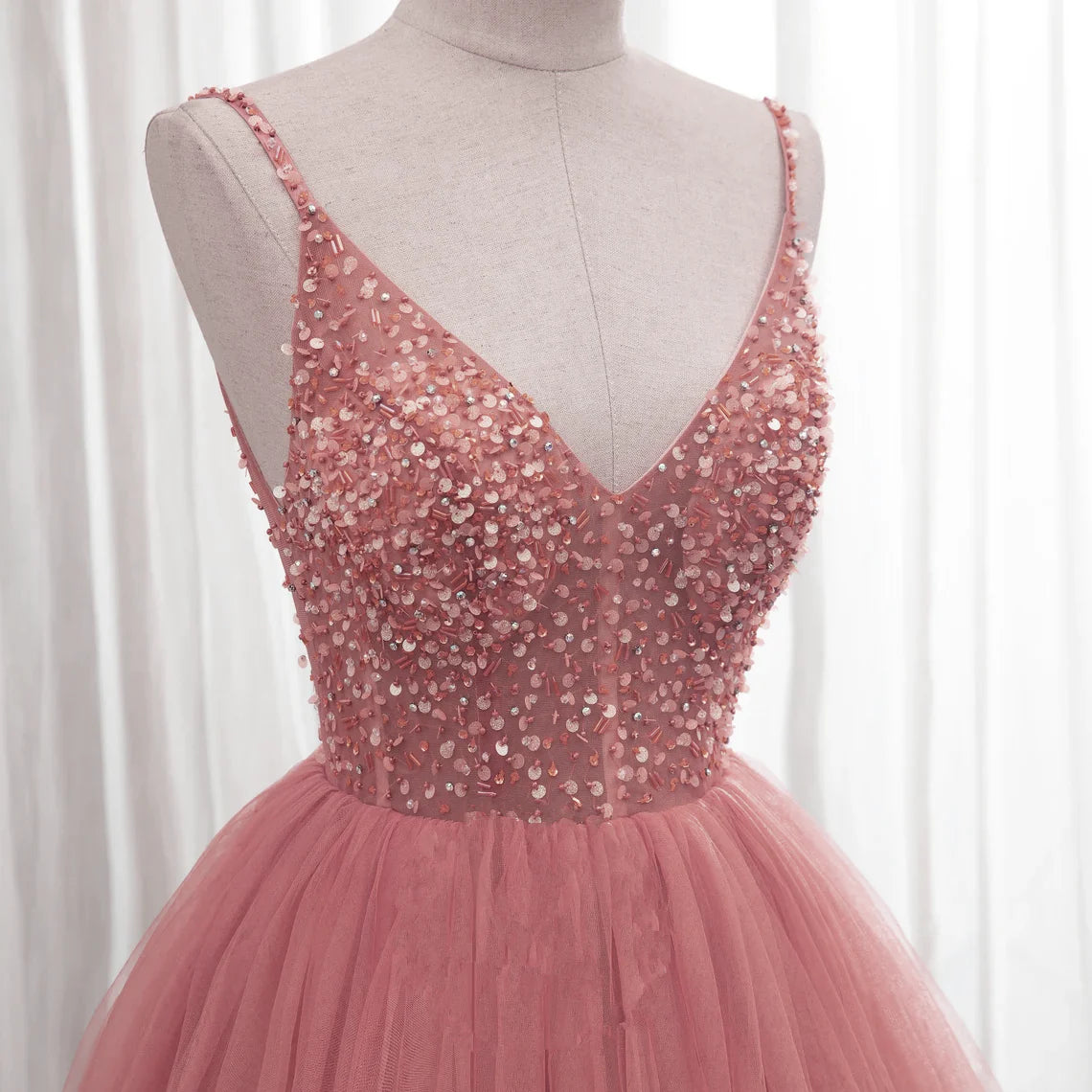 Pink V-neckline Sequins Straps Long Party Dress, Pink Floor Length Formal Dress TP1278