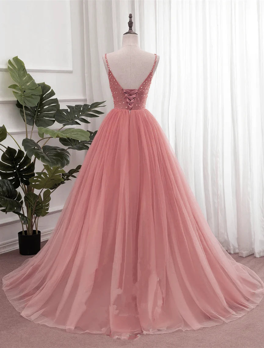 Pink V-neckline Sequins Straps Long Party Dress, Pink Floor Length Formal Dress TP1278