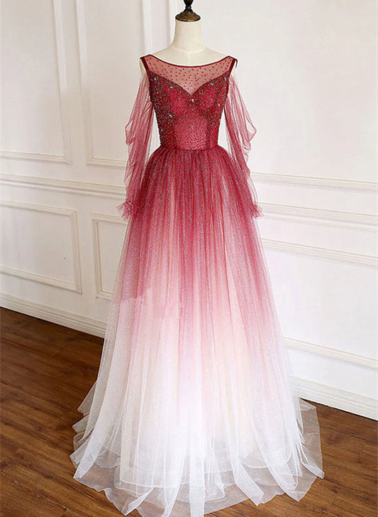 Dark Red Gradient Tulle Beaded Round Neckline Prom Dress, A-line Tulle Formal Dress TP1283