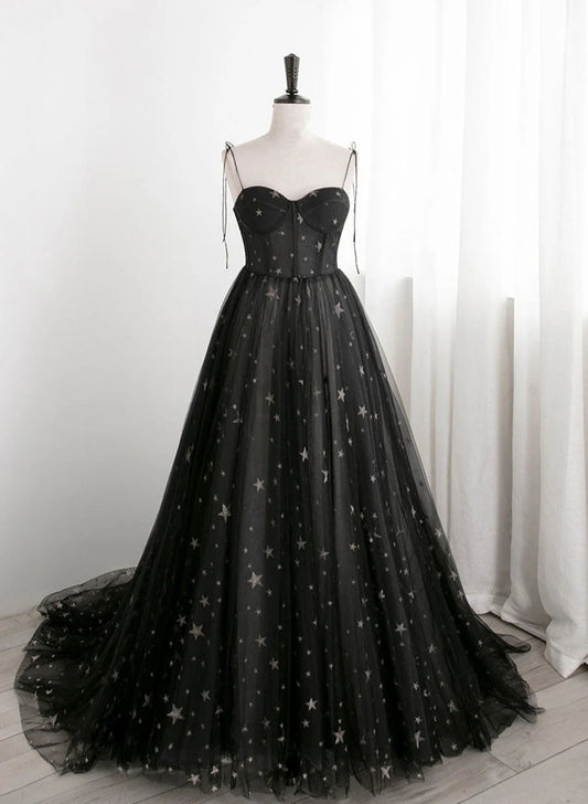 Blavk Sweetheart Straps A-line Long Tulle Prom Dress, Black Evening Party Dress TP1285