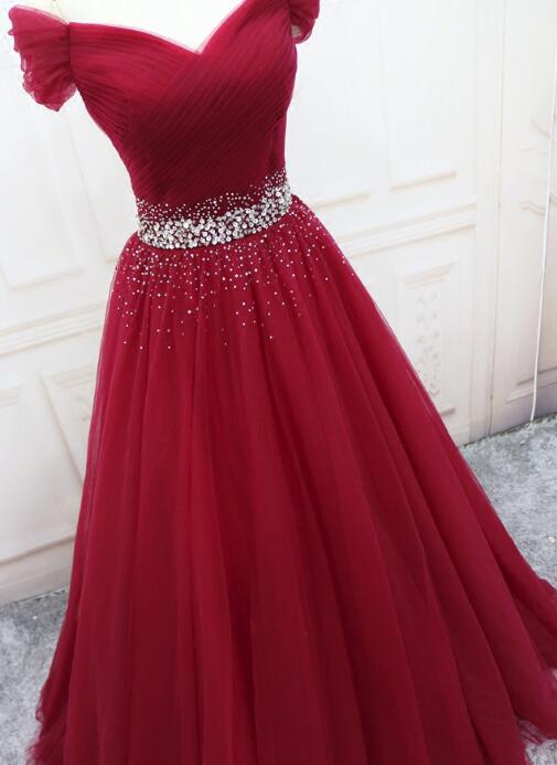 Wine Red Beaded Tulle Long Party Dress, Off Shoulder Wine Red Prom Dress TP1288