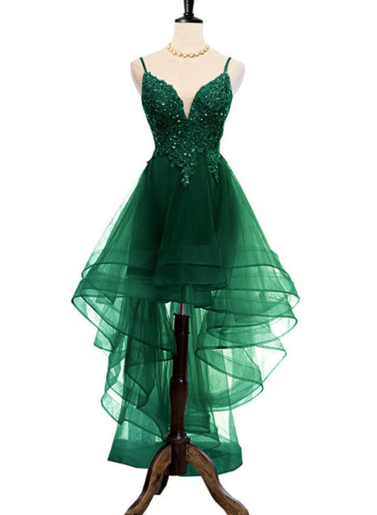 Dark Green V-neckline High Low Prom Dress with Lace and Beadings, Green Homecoming Dress TP1289