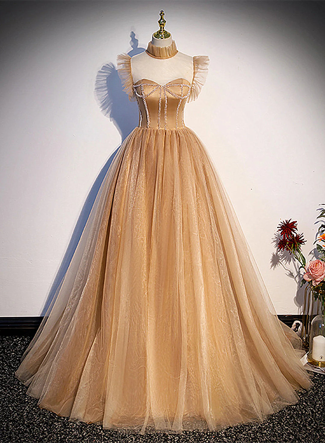 Champagbe Ball Gown High Neckline Tulle Party Dress, Beaded Long Prom Dress TP1300