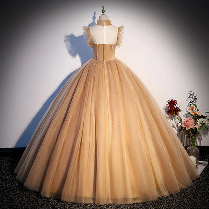 Champagbe Ball Gown High Neckline Tulle Party Dress, Beaded Long Prom Dress TP1300