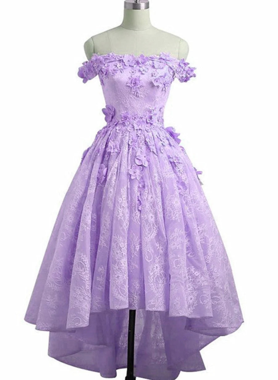 Light Purple High Low Lace Party Dress, High Low Short Prom Dress Homecoming Dress TP1307