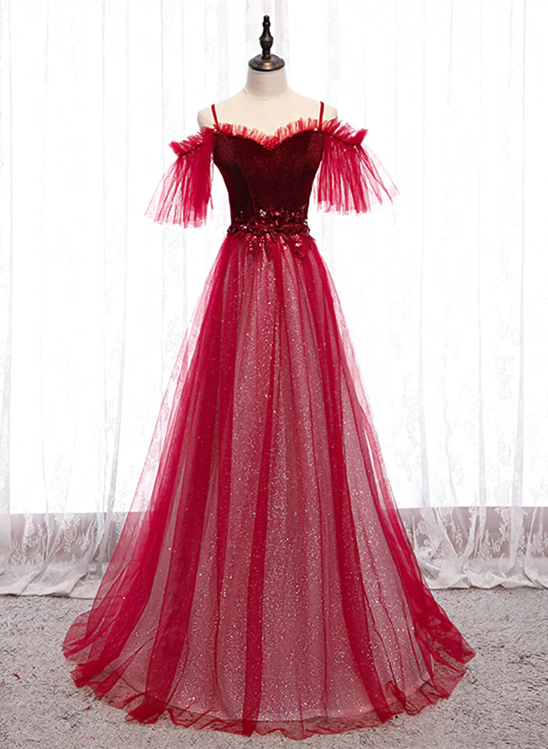 Dark Red Velvet and Tulle Party Dress, A-line Tulle Floor Length Wedding Party Dress TP1310