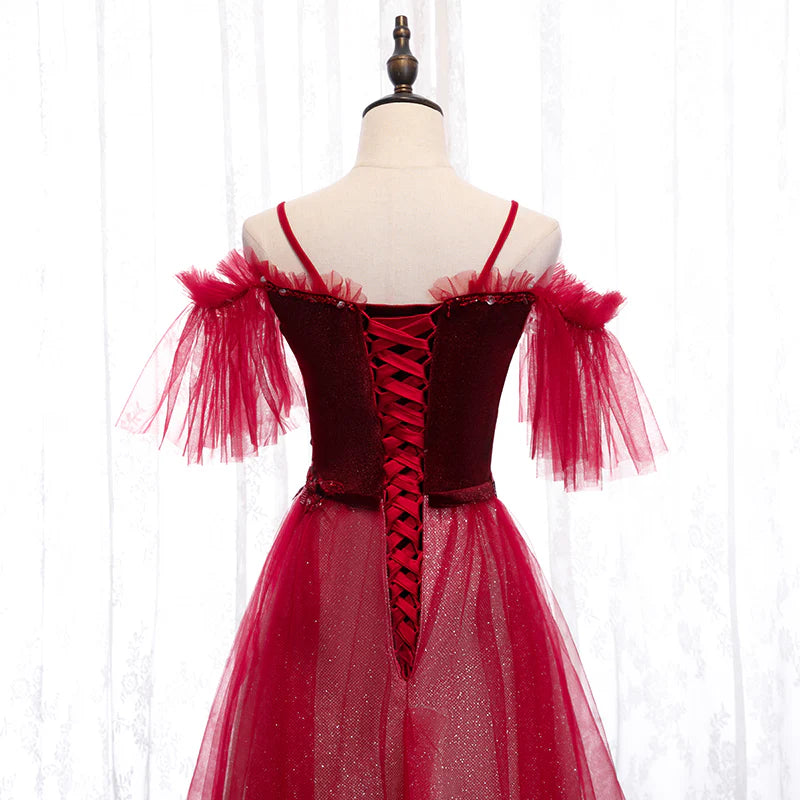 Dark Red Velvet and Tulle Party Dress, A-line Tulle Floor Length Wedding Party Dress TP1310