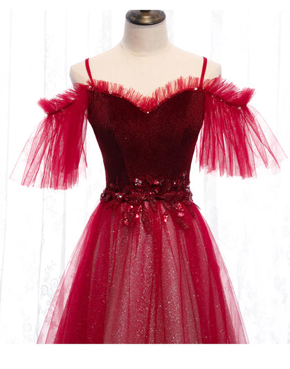 Dark Red Velvet and Tulle Party Dress, A-line Tulle Floor Length Wedding Party Dress TP1310