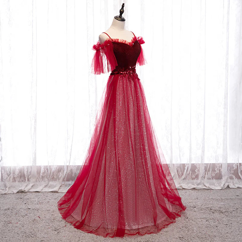 Dark Red Velvet and Tulle Party Dress, A-line Tulle Floor Length Wedding Party Dress TP1310