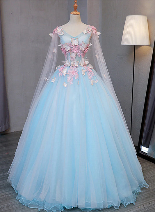 Cute Blue Fairy Butterfly Lace Ball Gown Prom Dress, Sweet 16 Party Dress TP1311