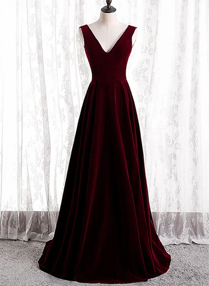 Burgundy Velvet V-neckline Simple Long Party Dress, Burgundy Bridesmaid Dress TP1333