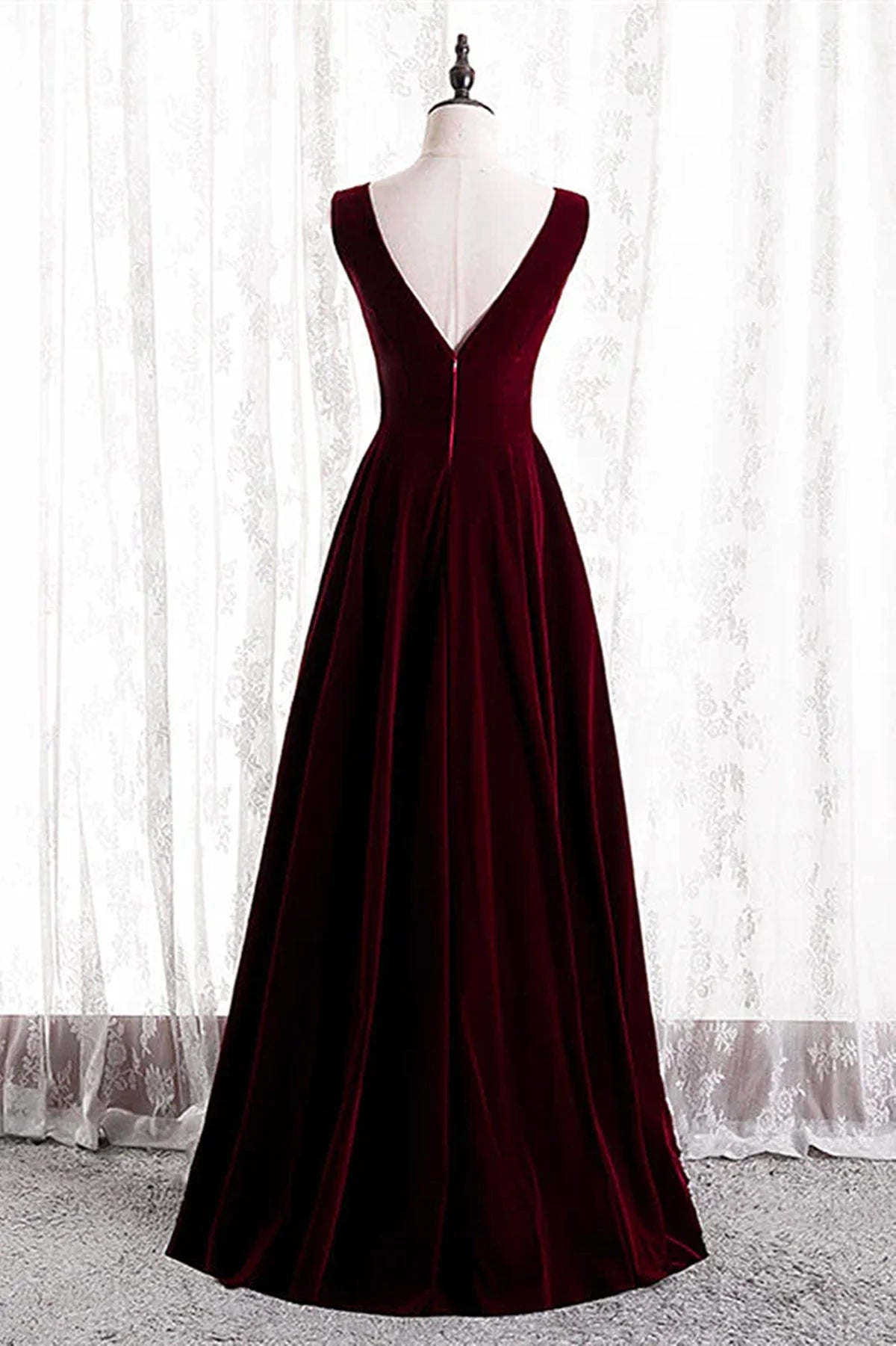 Burgundy Velvet V-neckline Simple Long Party Dress, Burgundy Bridesmaid Dress TP1333