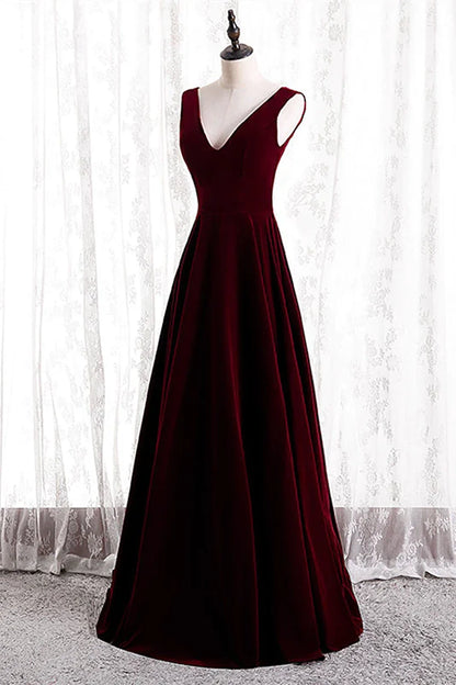 Burgundy Velvet V-neckline Simple Long Party Dress, Burgundy Bridesmaid Dress TP1333