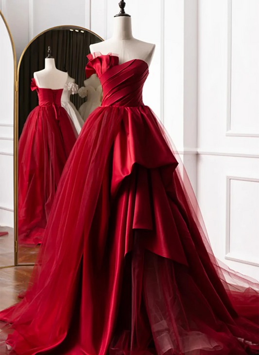 Beautiful Wine Red Sweetheart Tulle and Satin Party Dress, Wine Red Long Formal Dress TP1334