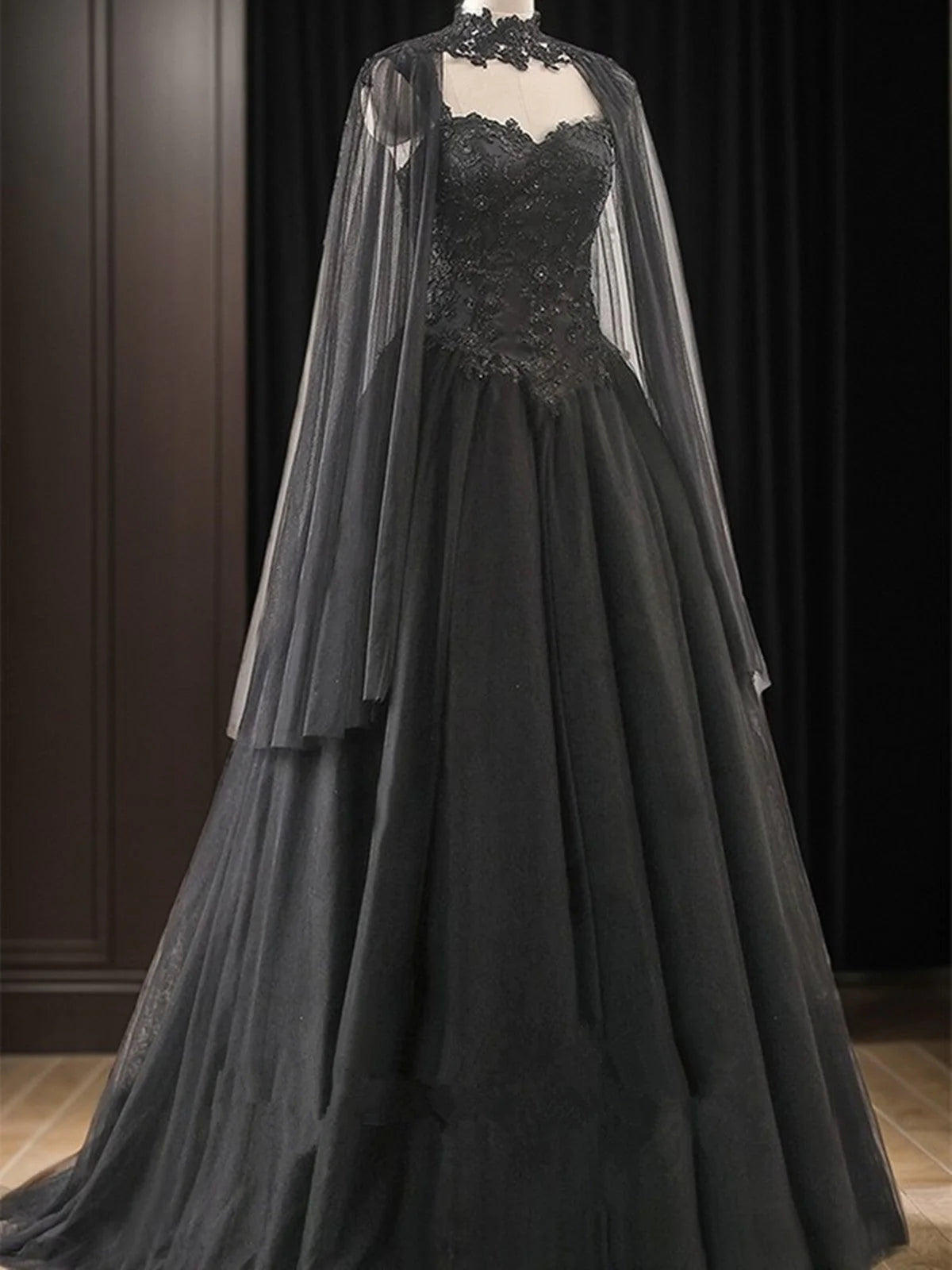 Black Sweetheart Tulle with Lace Long Sweet 16 Dress, Black Formal Dress with Cape TP1339