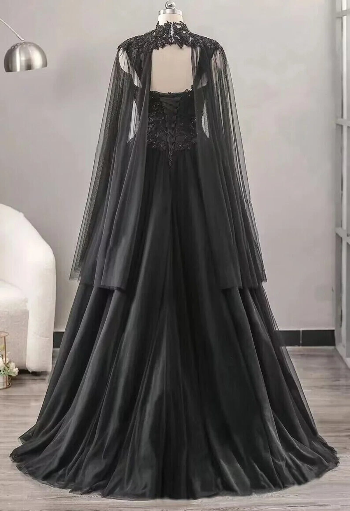 Black Sweetheart Tulle with Lace Long Sweet 16 Dress, Black Formal Dress with Cape TP1339