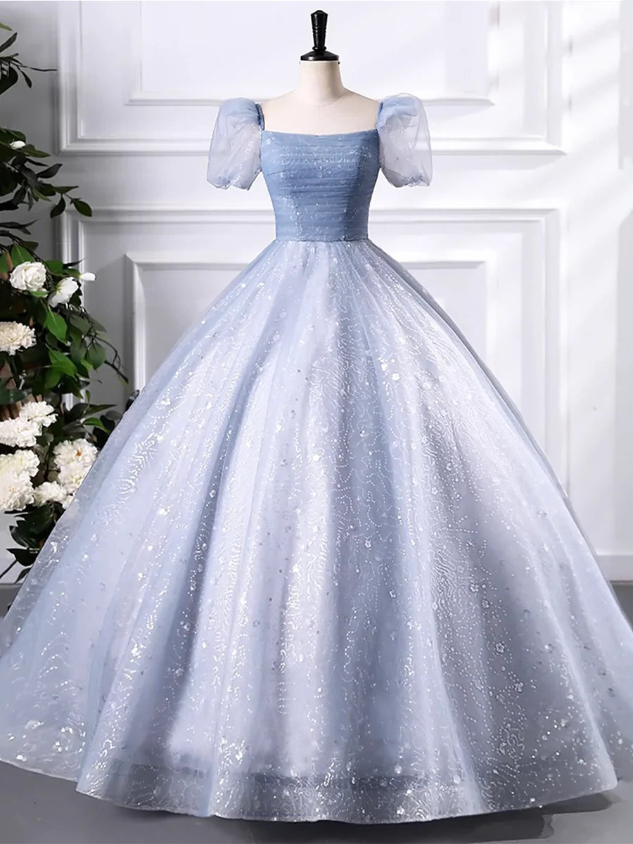 A-Line Blue Tulle Sequins Floor Length Prom Dress, Beautiful Short Sleeve Evening Party Dress TP1342