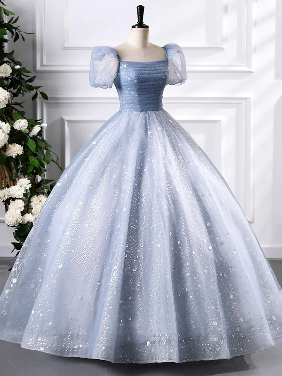 A-Line Blue Tulle Sequins Floor Length Prom Dress, Beautiful Short Sleeve Evening Party Dress TP1342