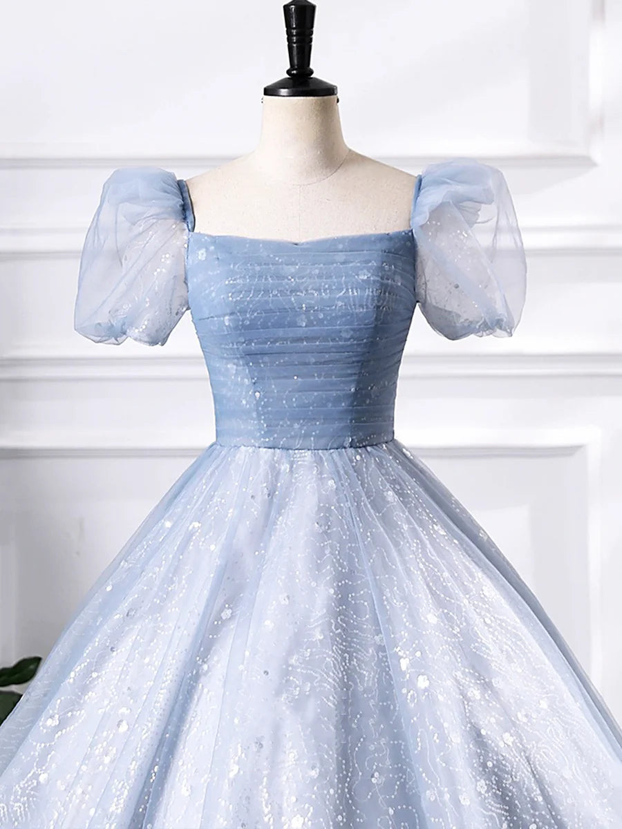 A-Line Blue Tulle Sequins Floor Length Prom Dress, Beautiful Short Sleeve Evening Party Dress TP1342