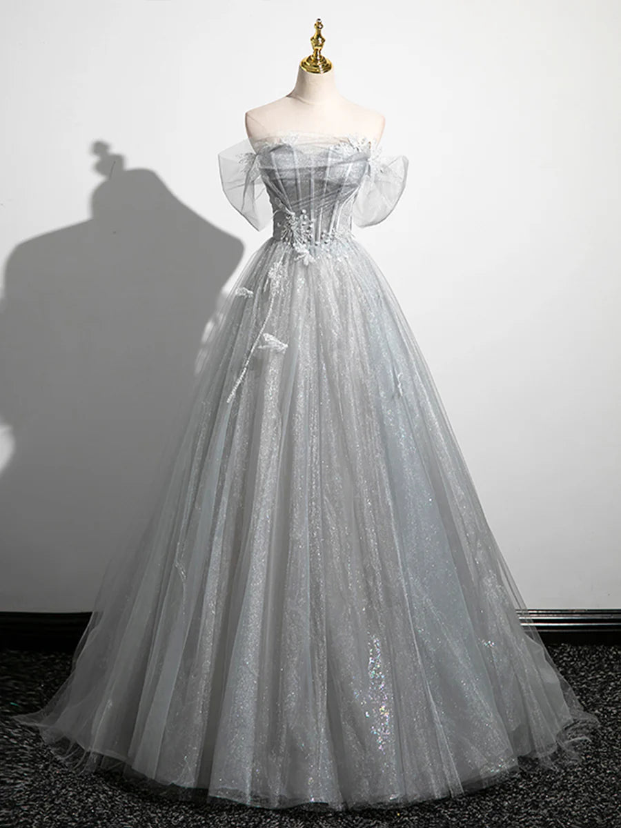 A-Line Off the Shoulder Sparkly Prom Dress, Gray Tulle Corset Floor Length Evening Dress TP1346