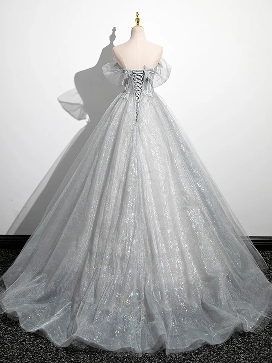 A-Line Off the Shoulder Sparkly Prom Dress, Gray Tulle Corset Floor Length Evening Dress TP1346