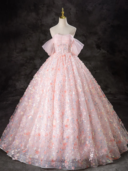 A-Line Pink Tulle Flowers Long Prom Dress, Beautiful Off the Shoulder Evening Party Dress TP1348