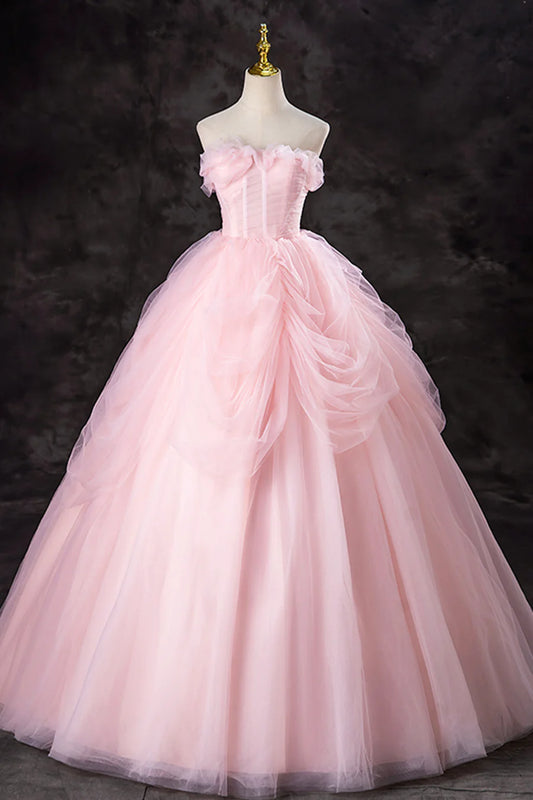 A-Line Pink Tulle Long Formal Gown, Pink Strapless Sweet 16 Princess Dress TP1349