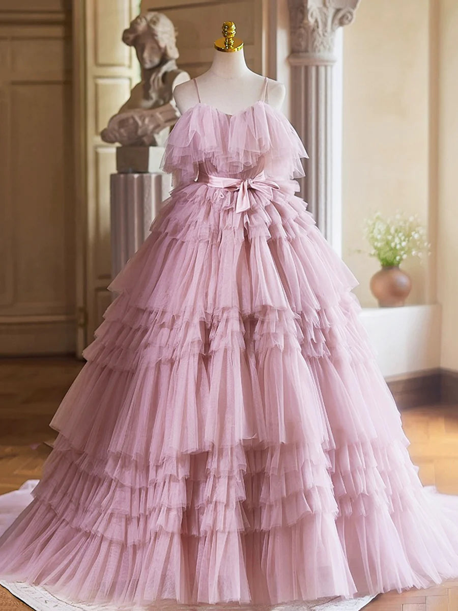 A-Line Spaghetti Strap Layers Tulle Long Party Dress, Pink Prom Dress Formal Gown TP1353