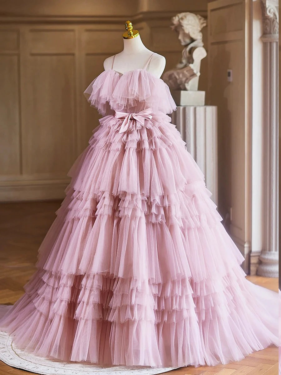 A-Line Spaghetti Strap Layers Tulle Long Party Dress, Pink Prom Dress Formal Gown TP1353