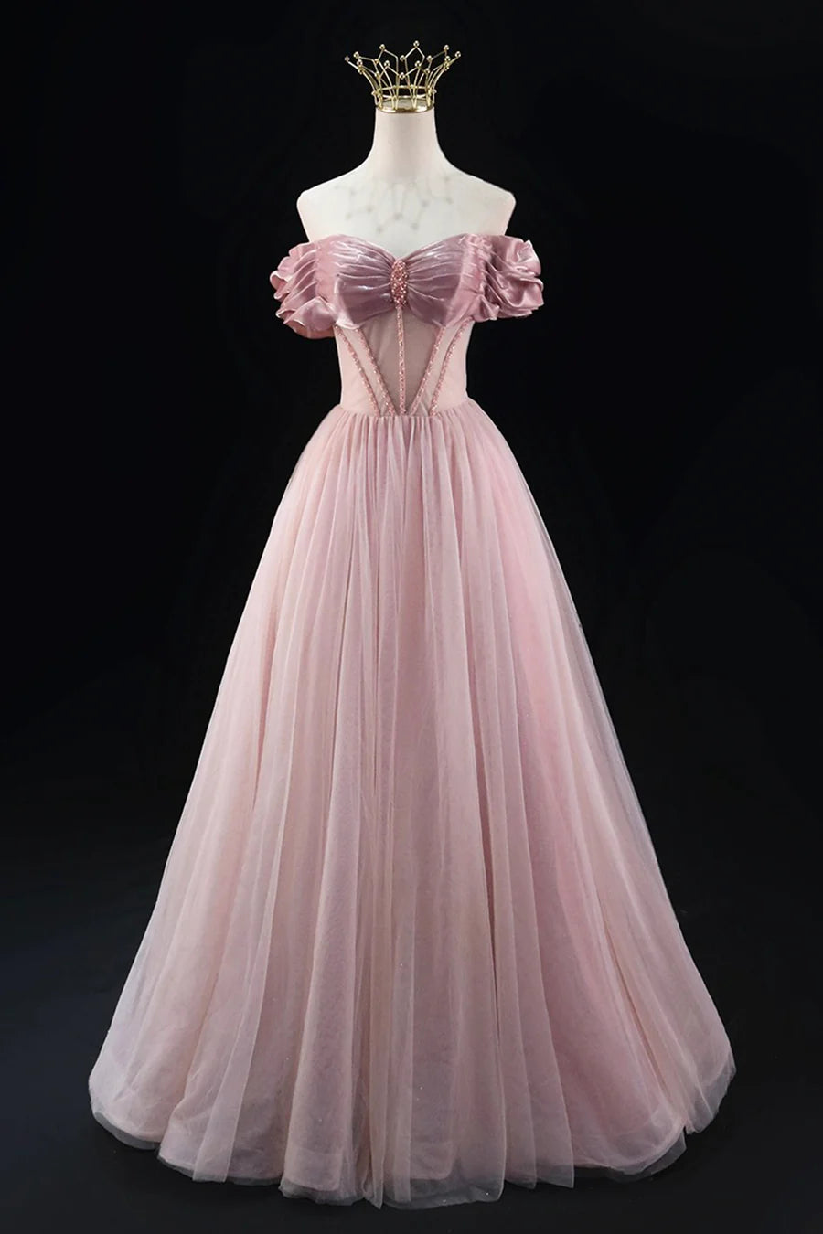 A-Line Tulle Beaded Floor Length Prom Dress, Lovely Off the Shoulder Evening Party Dress TP1357