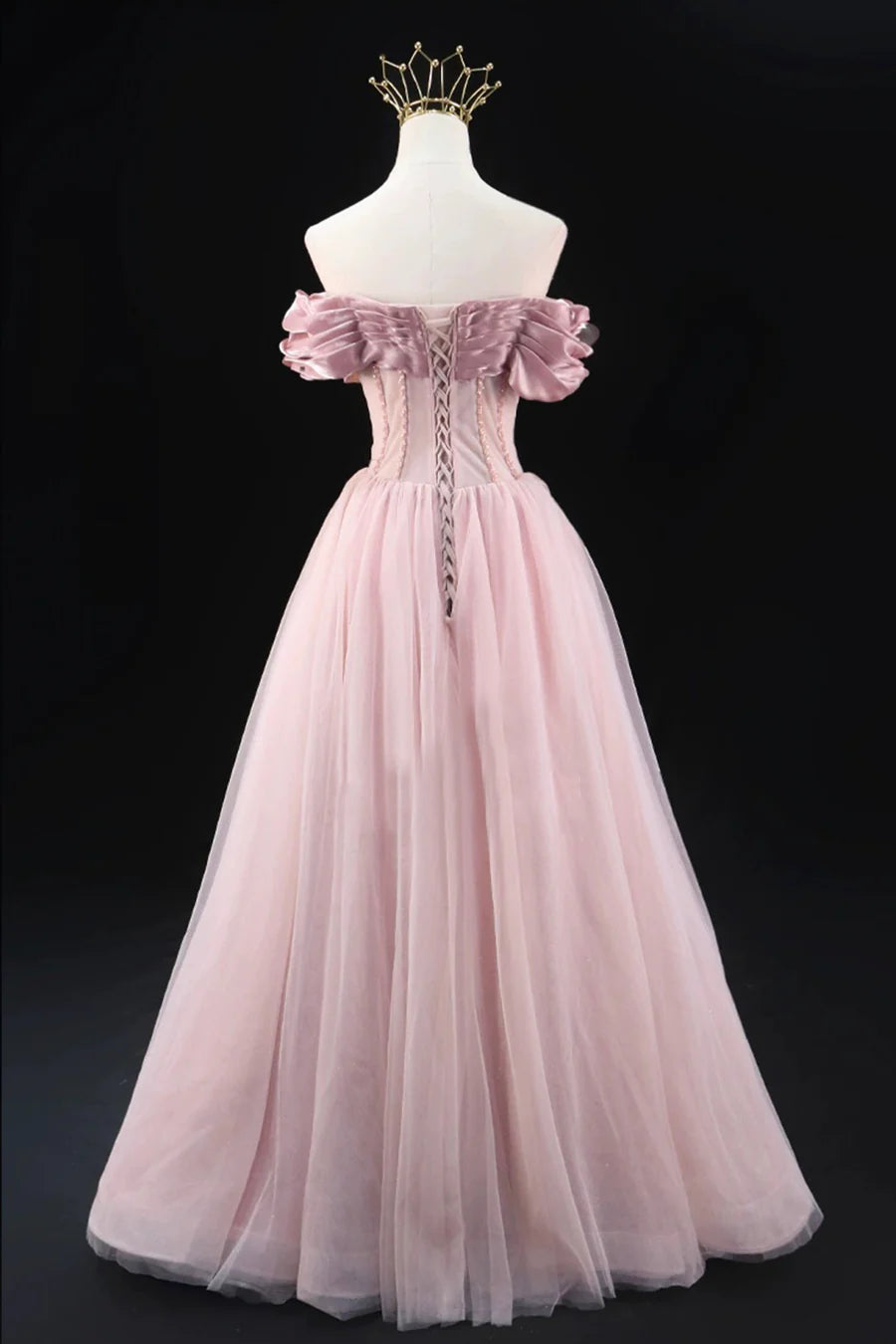 A-Line Tulle Beaded Floor Length Prom Dress, Lovely Off the Shoulder Evening Party Dress TP1357