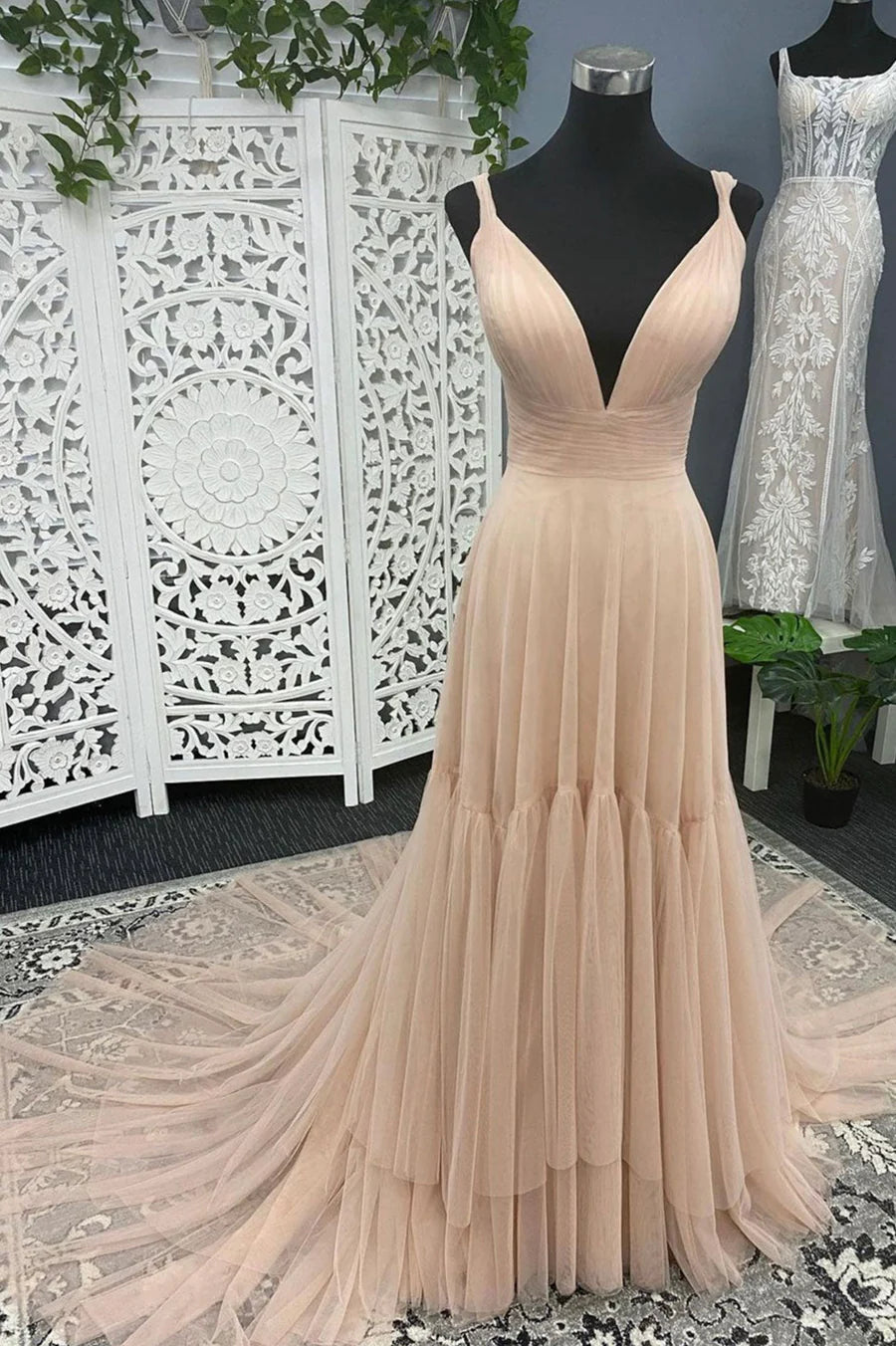 A-Line Tulle Long Prom Dresses, V-Neck Evening Dresses TP1364