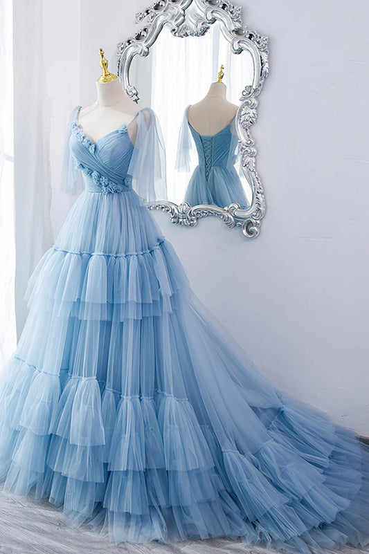 A-Line Tulle Long Prom Dresses, V-Neck Spaghetti Strap Long Princess Dresses TP1365