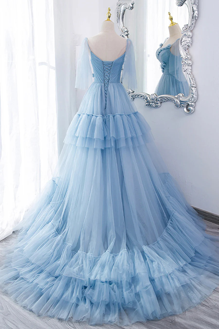 A-Line Tulle Long Prom Dresses, V-Neck Spaghetti Strap Long Princess Dresses TP1365