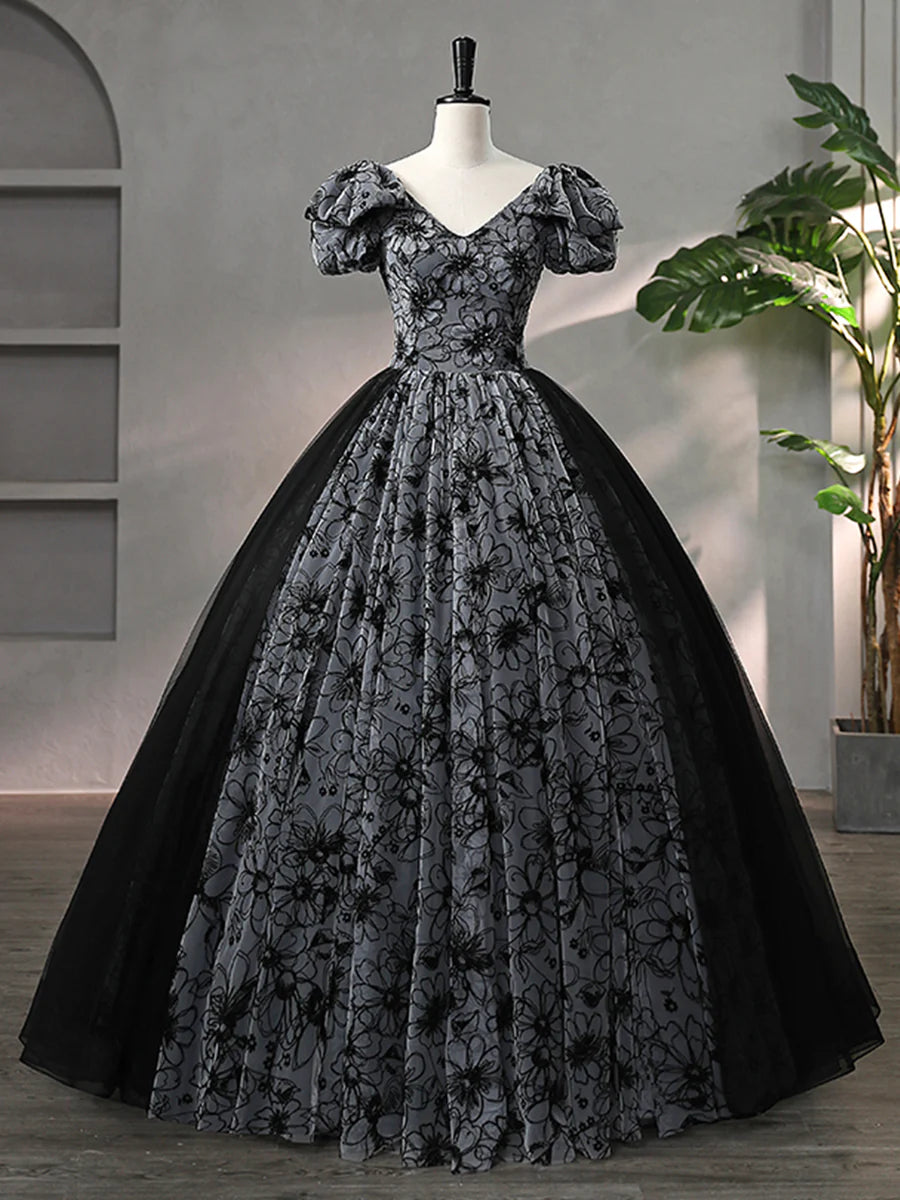 Beautiful Black Rhinestone Flower Prom Dress, Black V-Neck Short Sleeve Evening Dress TP1367