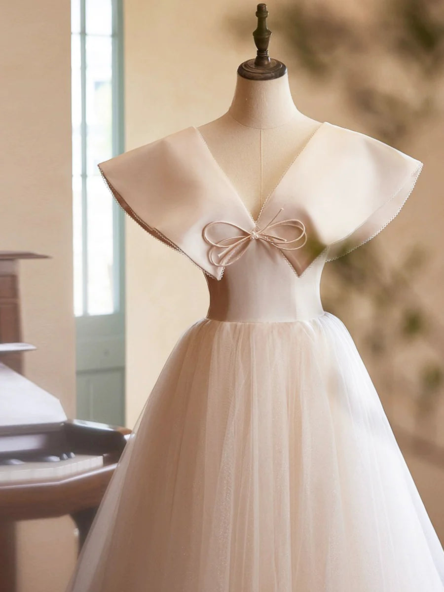 Beautiful Champagne Long Prom Dresses, A-Line Princess V-Neck Bow Sleeveless Backless Formal Dresses TP1368