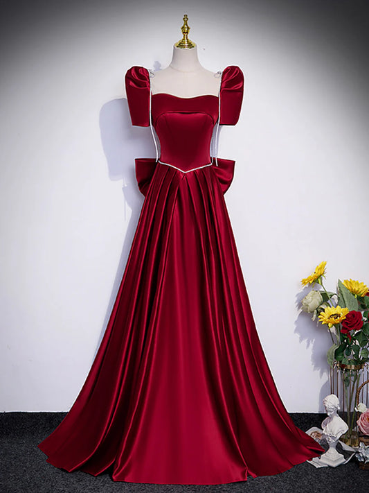 Beautiful Satin Floor Length Prom Dress with Bowknot, Burgundy Short Sleeve Evening Dress TP1371