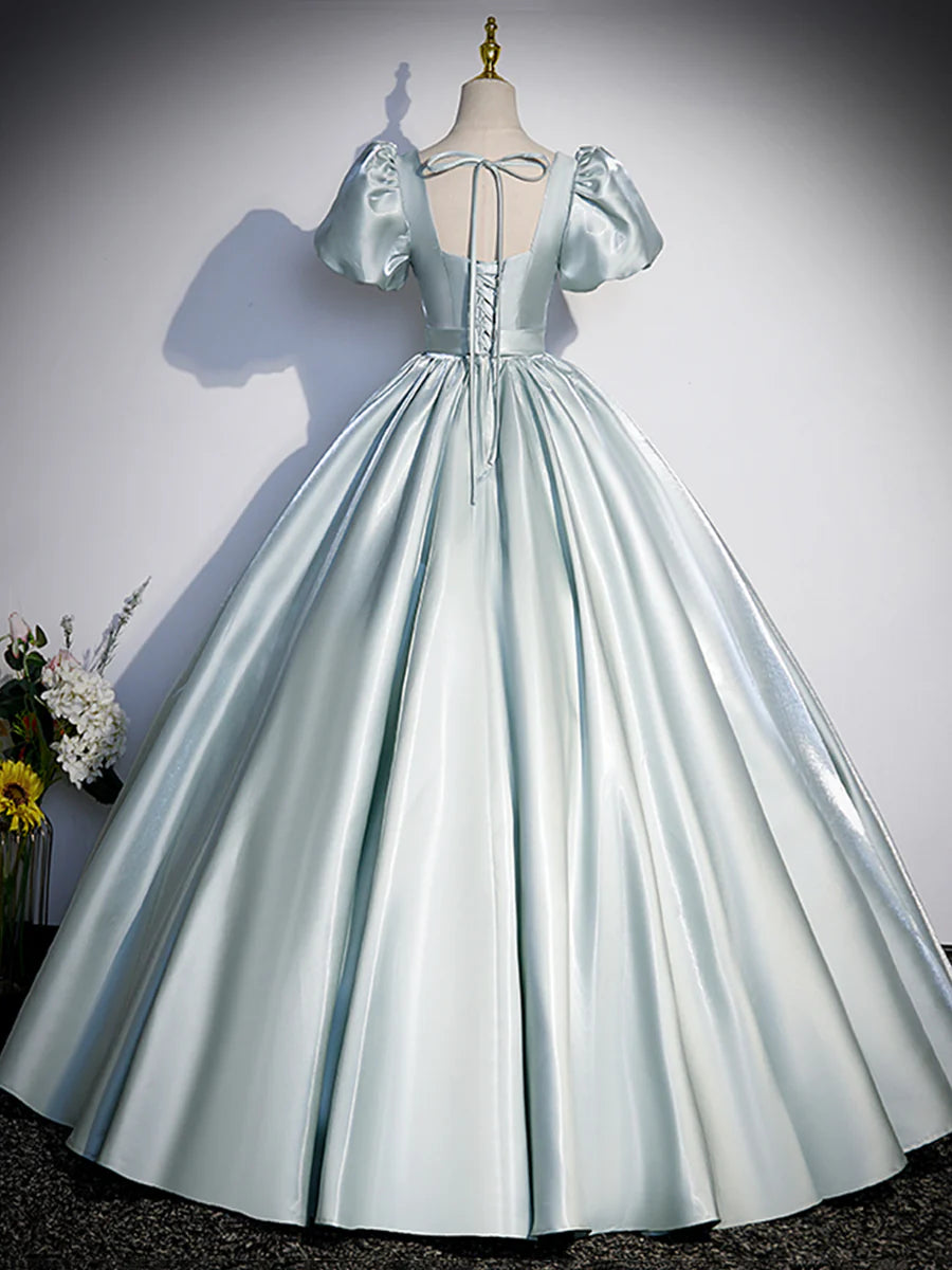 Beautiful Satin Floor Length Prom Dress, A-Line Short Sleeve Evening Party Dress TP1372